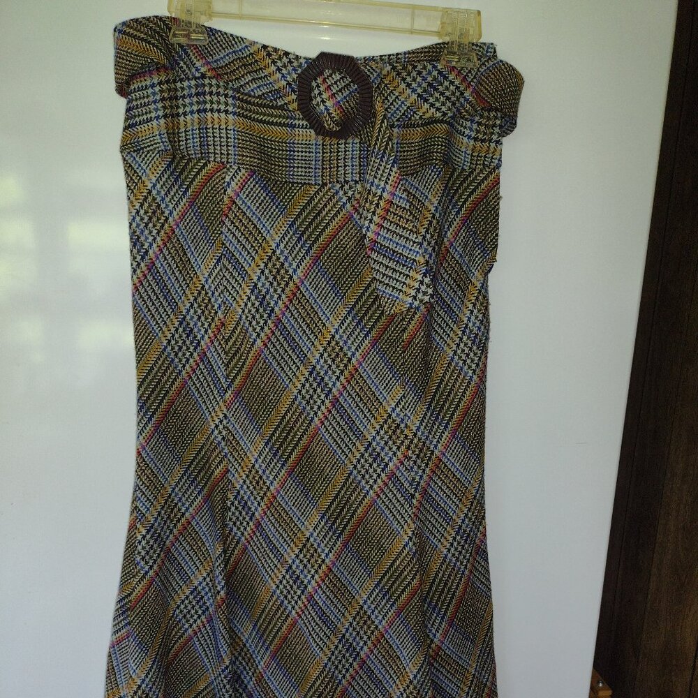 Chadwick's Wool Skirt Women’s 4 Long Plaid Green Blend Gold Blue Belt Maxi